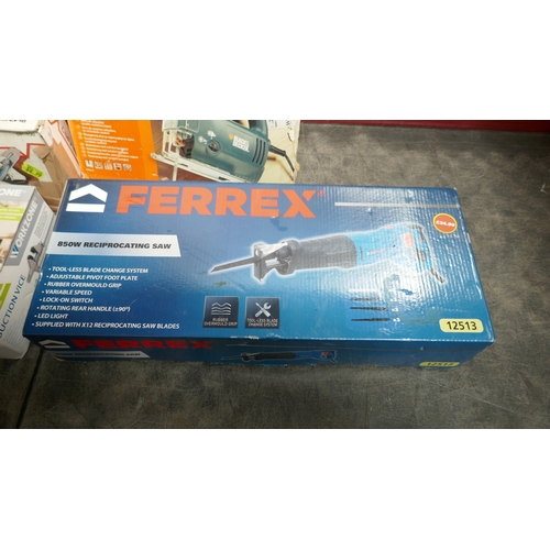 A box of assorted tools including Ferrex 850w reciprocating saw, Ferrex ...