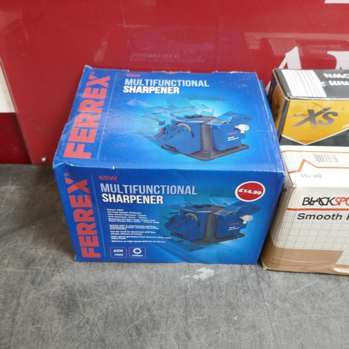 A box of assorted tools including Ferrex 850w reciprocating saw, Ferrex ...