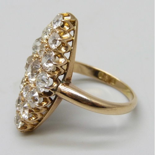 7054A - An 18ct gold old cut diamond cluster ring, 2.5 x 1.2cm, 5g, K