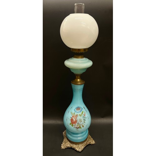 2240 - A blue opaline gas oil lamp, 56cm h