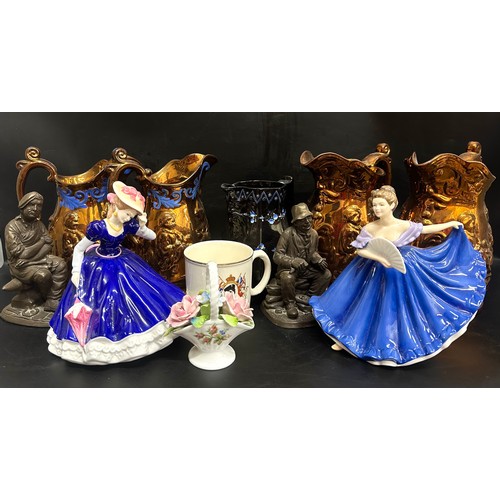 2258 - Four gilt lustre jugs, one other, two Royal Doulton Pretty Ladies figures Mary and Elaine, Staffords... 