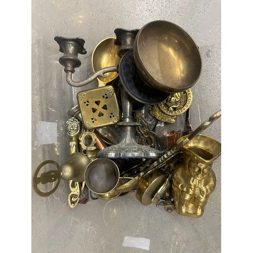 2271 - A collection of metalware; brass and silver plate including a silver teaspoon, candelabra, horse bra... 