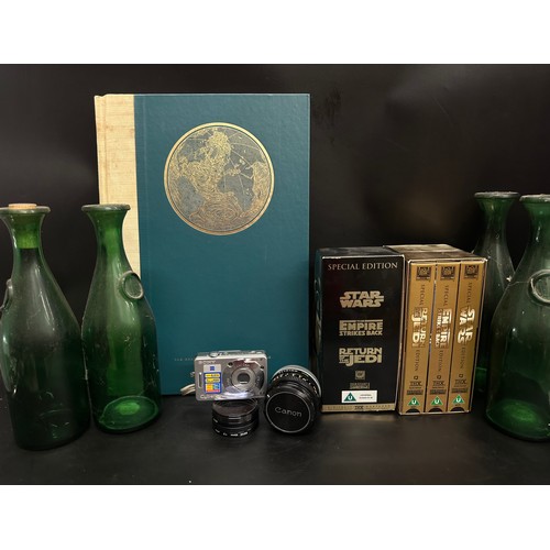 2259 - A Readers Digest Great World Atlas, two sacks, one marked HBM Diplomatic Service, four green glass b... 