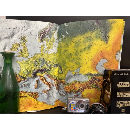 2259 - A Readers Digest Great World Atlas, two sacks, one marked HBM Diplomatic Service, four green glass b... 