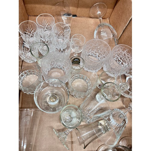 2288 - Two boxes of glassware to include crystal, cut glass and other glasses, vases, decanter, tumblers, w... 