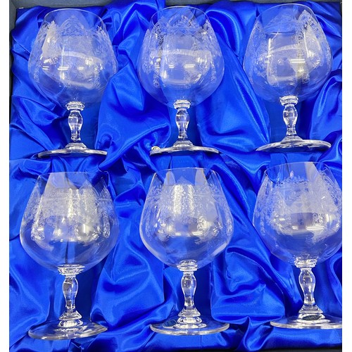 2292 - A boxed set of six Bohemia Crystal Czech brandy glasses with etched design and a cut glass blue Bohe... 