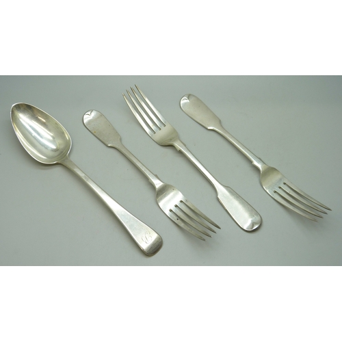7021 - Three Victorian silver dinner forks, Chawner & Co (George William Adams), London, 1871, a George III... 