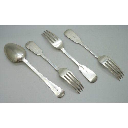 7021 - Three Victorian silver dinner forks, Chawner & Co (George William Adams), London, 1871, a George III... 