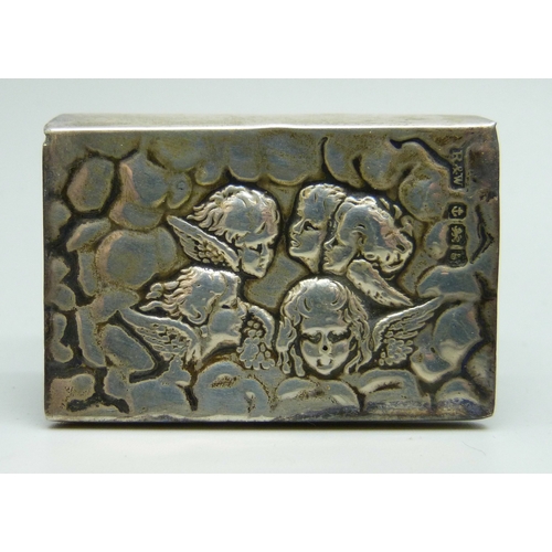 7027 - A silver matchbox case, a/f, a silver napkin ring, and a silver and enamel fob, 1907, cased, 23g tot... 