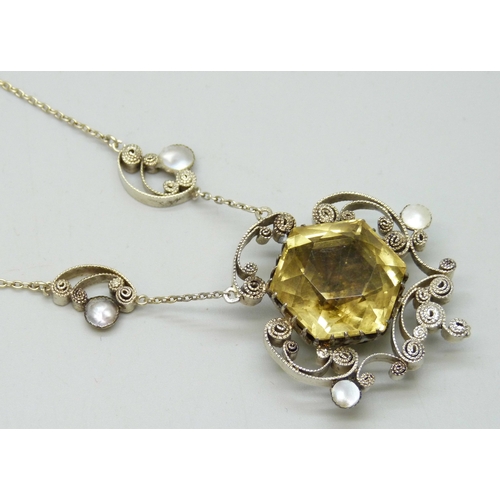 7045 - A 19th century Arts & Crafts white metal, pearl and possibly citrine or spinel (testing within this ... 