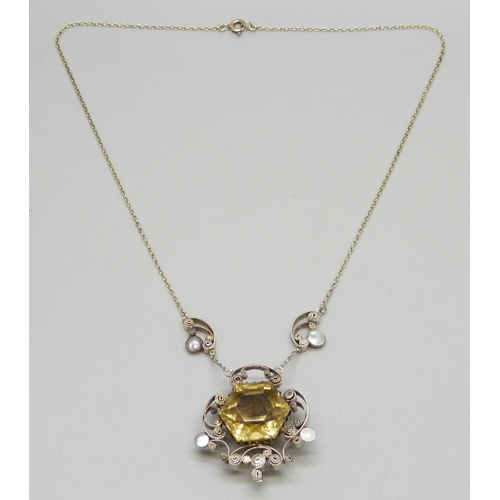 7045 - A 19th century Arts & Crafts white metal, pearl and possibly citrine or spinel (testing within this ... 
