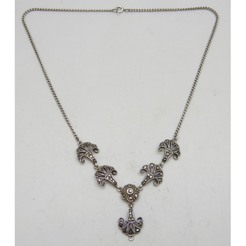 An Art Deco white metal and marcasite necklace, some stones missing, lacking drop, 41cm, 11g
