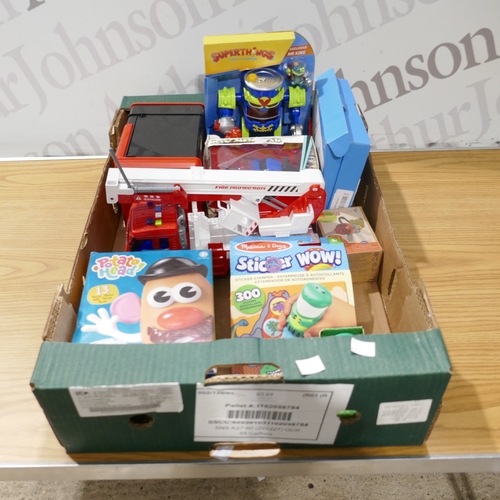 6139 - A box of children's toys to include a fire truck, Potato head, money box, robot, etc. (SP516661989-1... 
