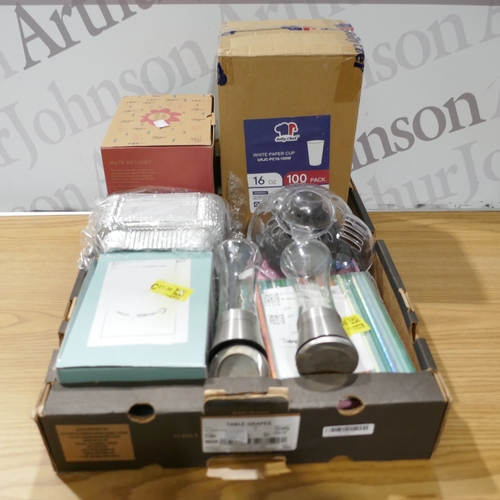 6142 - A box of miscellaneous items to include salt and pepper pots, paper cups, foil food containers, etc.... 