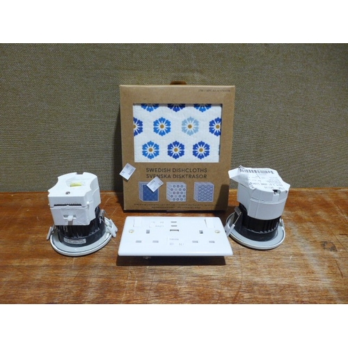 6165 - Two Feit dimmable down lighters, a Masterplug USB socket and a pack of Swedish dishcloths (385-144,1... 