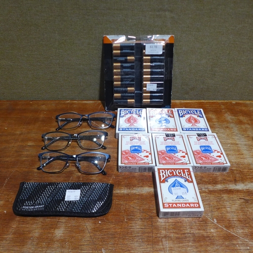 6178 - A quantity of playing cards, three pairs of FGX reading glasses and quantity of Duracell batteries (... 