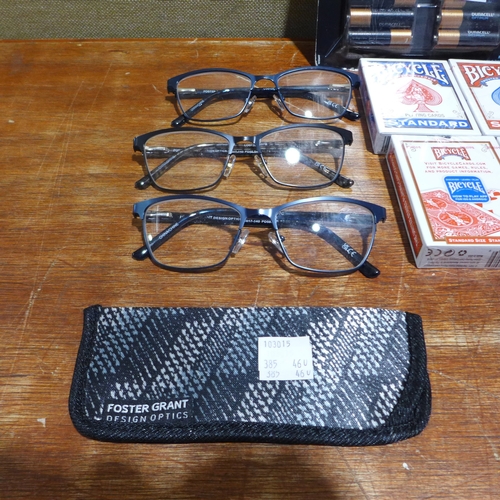 6178 - A quantity of playing cards, three pairs of FGX reading glasses and quantity of Duracell batteries (... 