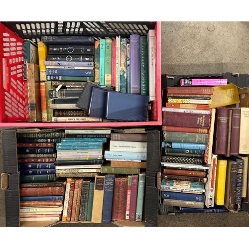 2187 - Three boxes of assorted books to include Charles Dickens, D.H. Lawrence, Shakespeare, Henry James, G... 