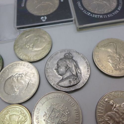 2242 - A collection of commemorative crowns, Churchill, 1977, etc., £5 coin, £2 coins