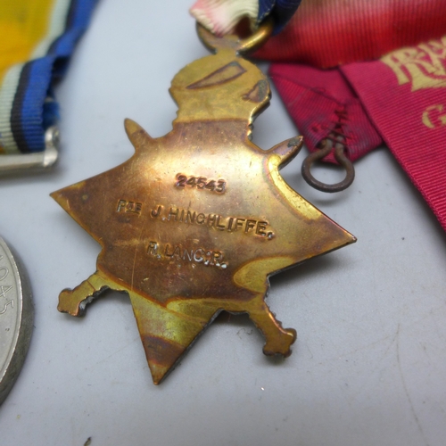 2257 - A World War I Victory medal to 21315 Pte. J. Hinchcliffe Notts & Derby Regiment, a WWI Star to 24543... 