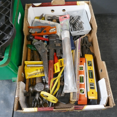 3 boxes of assorted tools including levels, wrenches, Arcoy dovetailers ...
