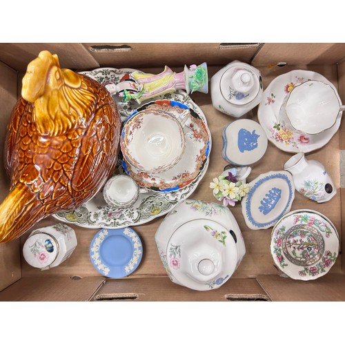 2266 - Four items of Wedgwood Jasper ware, four items of Aynsley including two lidded jars, a Derby cup and... 
