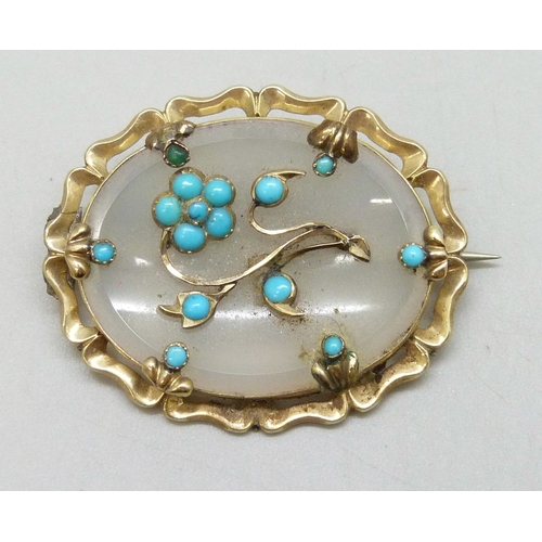 7120 - A Victorian yellow metal framed chalcedony and turquoise forget-me-not brooch, 9g, 3.8cm