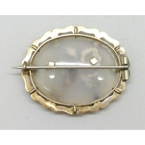 7120 - A Victorian yellow metal framed chalcedony and turquoise forget-me-not brooch, 9g, 3.8cm