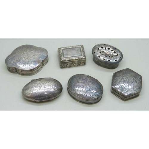 7121 - Six silver pill boxes including a Mexican example, five examples with loose closures, 76g total