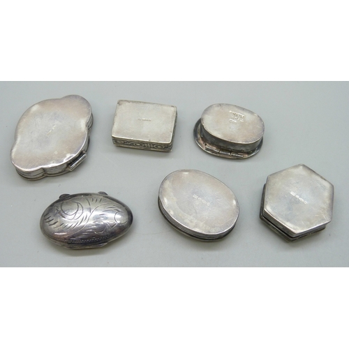 7121 - Six silver pill boxes including a Mexican example, five examples with loose closures, 76g total