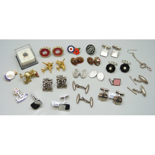 7131 - Seven pairs of silver cufflinks, 74g total, together with other cufflinks and pins