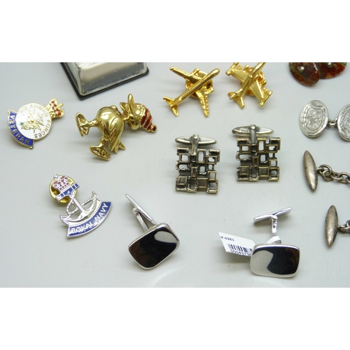 7131 - Seven pairs of silver cufflinks, 74g total, together with other cufflinks and pins
