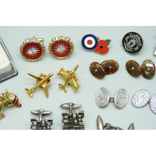 7131 - Seven pairs of silver cufflinks, 74g total, together with other cufflinks and pins