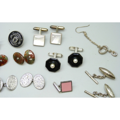 7131 - Seven pairs of silver cufflinks, 74g total, together with other cufflinks and pins