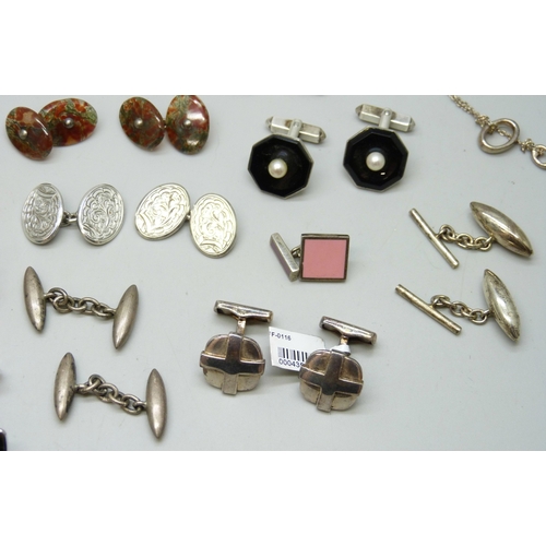 7131 - Seven pairs of silver cufflinks, 74g total, together with other cufflinks and pins