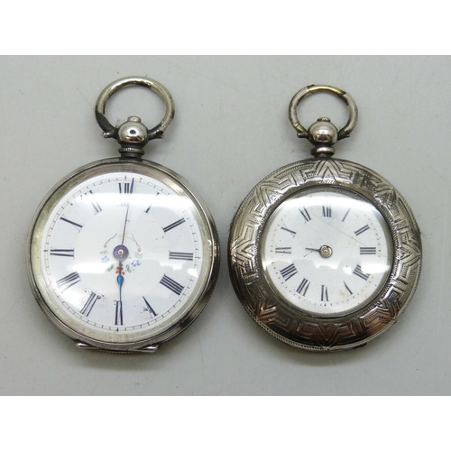 7153 - Two silver fob watches - .800 and fine silver, both a/f, 87g total
