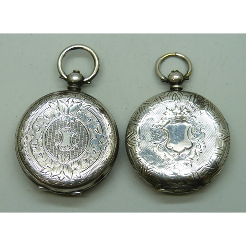 7153 - Two silver fob watches - .800 and fine silver, both a/f, 87g total