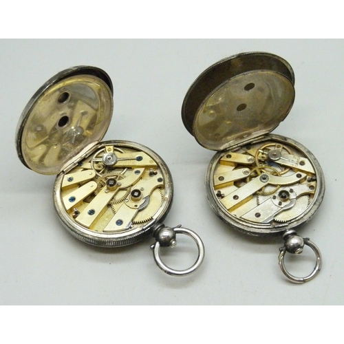 7153 - Two silver fob watches - .800 and fine silver, both a/f, 87g total