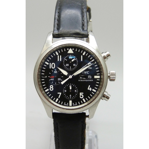 7161 - IWC, Schaffhausen, a Pilot black dial chronograph wristwatch with day/date aperture, with guarantee ... 