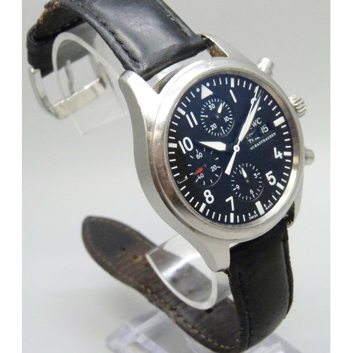 7161 - IWC, Schaffhausen, a Pilot black dial chronograph wristwatch with day/date aperture, with guarantee ... 