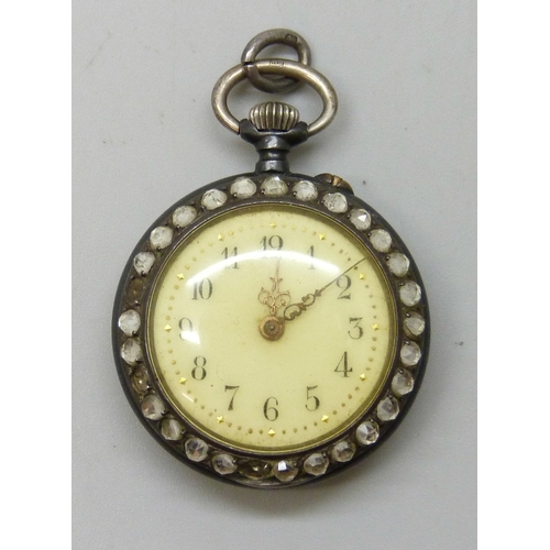 7165 - A 19th century fob watch with enamel and hand painted portrait depicting a lady in profile with a gi... 