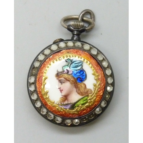 7165 - A 19th century fob watch with enamel and hand painted portrait depicting a lady in profile with a gi... 