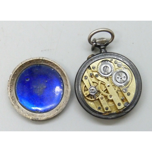 7165 - A 19th century fob watch with enamel and hand painted portrait depicting a lady in profile with a gi... 