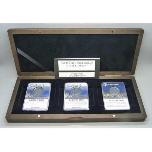 7170 - Coins - Deep Ocean Search, an S.S. City of Cairo Indian silver rupee set - 1862, 1907 and 1919 silve... 