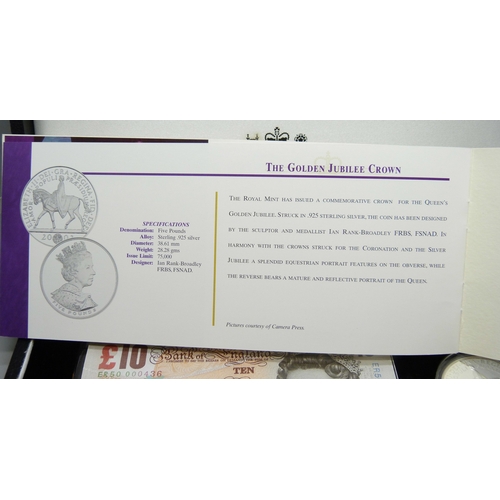 7173 - Coins - The Royal Mint, a Golden Jubilee silver proof crown and £10 note set, limited edition (500),... 