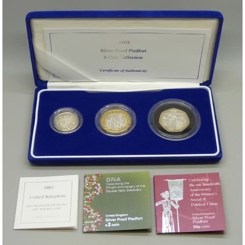 7174 - Coins - The Royal Mint, a 2003 silver proof piedfort three coin collection, cased and with certifica... 