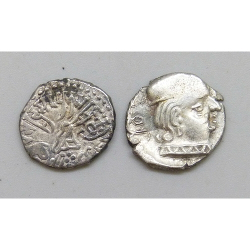 7176 - Coins - two ancient Indian Kshatrapa Dynasty silver coins, 2.2g and 2.4g, 50AD-450AD