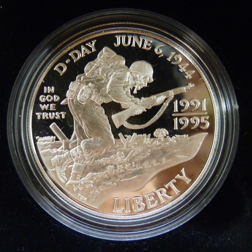 7183 - The Royal Mint, a 1994 silver proof three coin collection, silver dollar (26.73g 90%), 1 franc (22.2... 