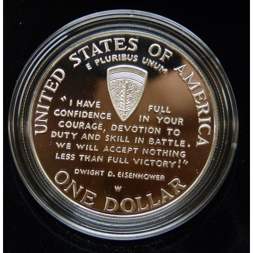 7183 - The Royal Mint, a 1994 silver proof three coin collection, silver dollar (26.73g 90%), 1 franc (22.2... 