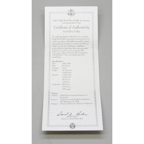 7183 - The Royal Mint, a 1994 silver proof three coin collection, silver dollar (26.73g 90%), 1 franc (22.2... 